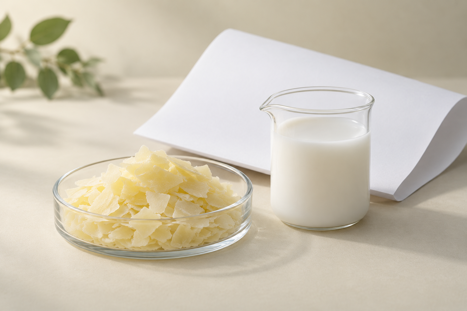 Wax flakes and sizing emulsion — illustrative materials